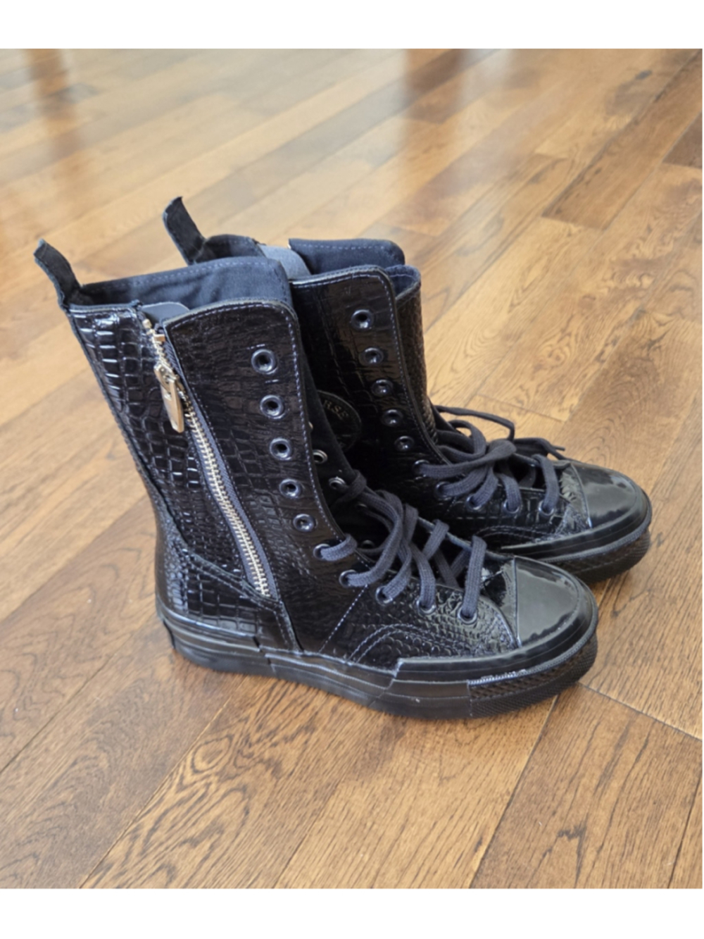 Converse Lace Up Boots in Black Croc Embossed Leather unisex M5/W7